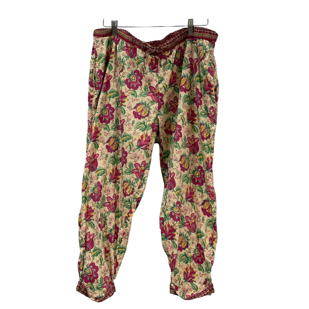 Sundance Leia Floral Block Print Cotton Pants Women’s Size XL Drawstring Cropped
